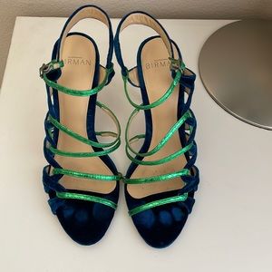 Alexandre Birman Green Blue Velvet & Snakeskin Nolita Buccata Sandals Size 36.5